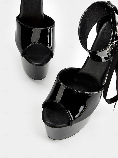 Straps Black Patent Leather Lace-Up Sandals Ankle Platform with