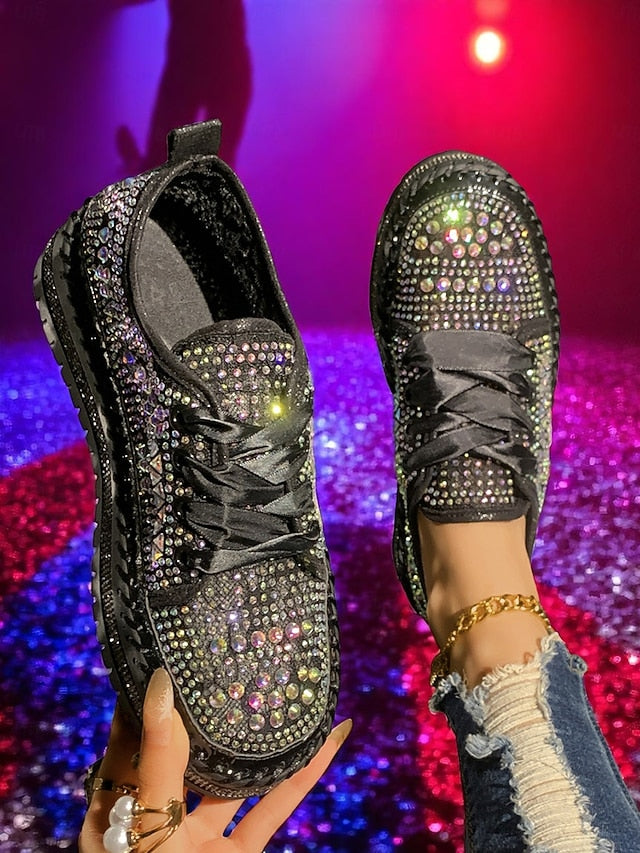 with Rhinestone Sneakers Sparkling Women's Accents Silver