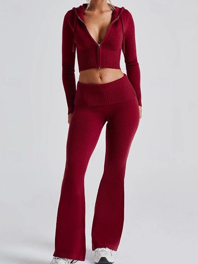 Women's Pants Sets Bolero Top Long Sleeve Hooded Plain