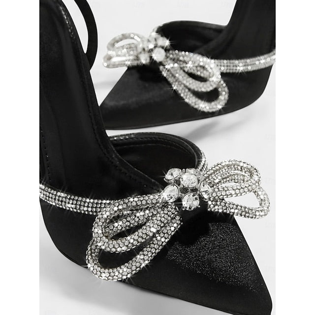 with Heels Bow Rhinestone Stiletto Women's and Black Satin
