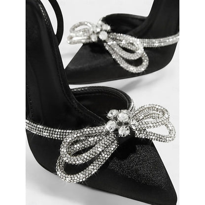 with Heels Bow Rhinestone Stiletto Women's and Black Satin