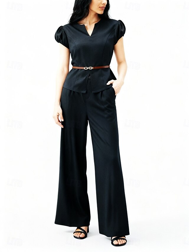 Women's Pants Sets Short Sleeve V Neck Solid Color Elegant