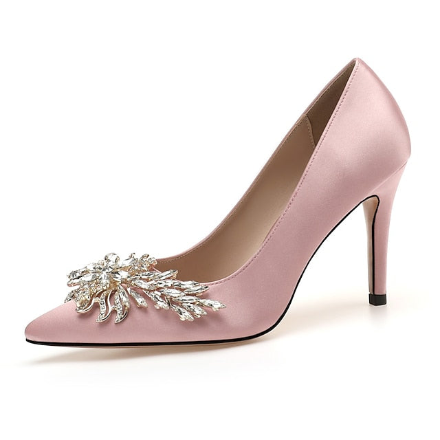 Satin Elegant Heels High – Rhinestone Pink Women's