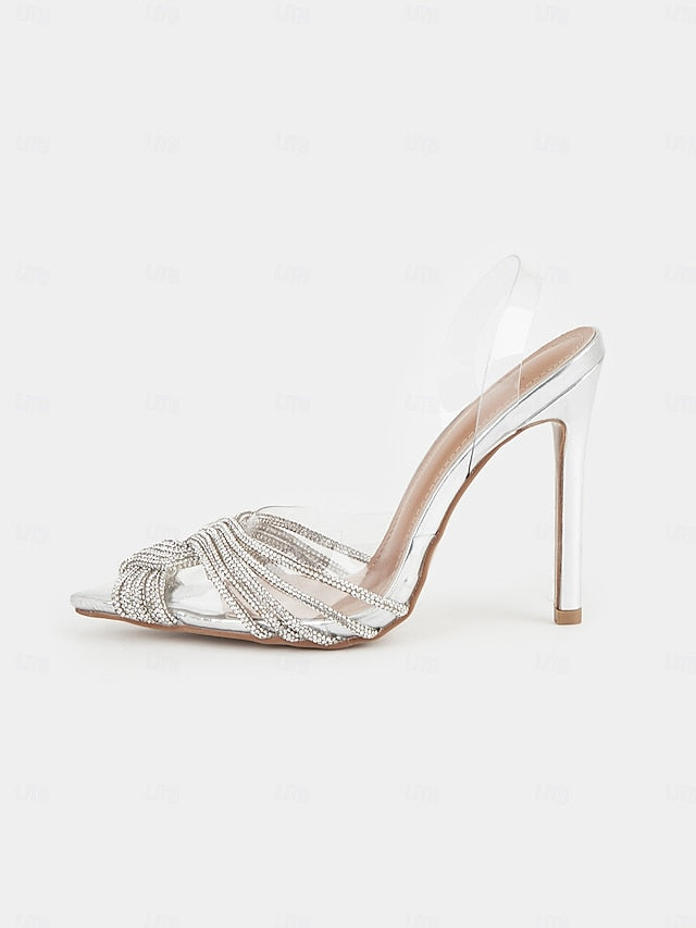 Transparent with Straps Sandals Silver Stiletto – Rhinestone