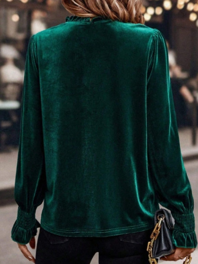 Women's Velvet Elegant Dressy Blouse Ruched Plain Vintage