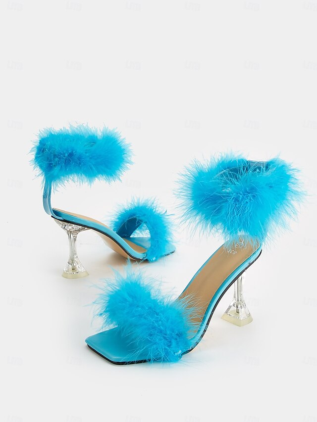 Feather-Embellished Heel Clear with Sandals Turquoise High