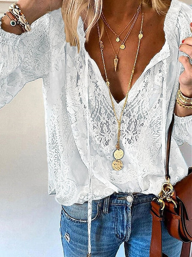 Women's Boho Lace Blouse V Neck Long Sleeve Casual
