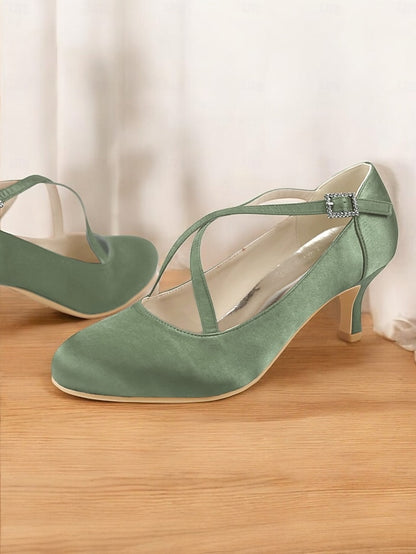 Cross-Strap Buckle Elegant – Satin Rhinestone with Heels White