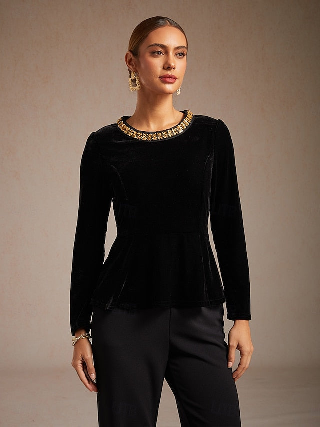 Women's Velvet Blouse Beaded Elegant Crew Neck Regular Tops