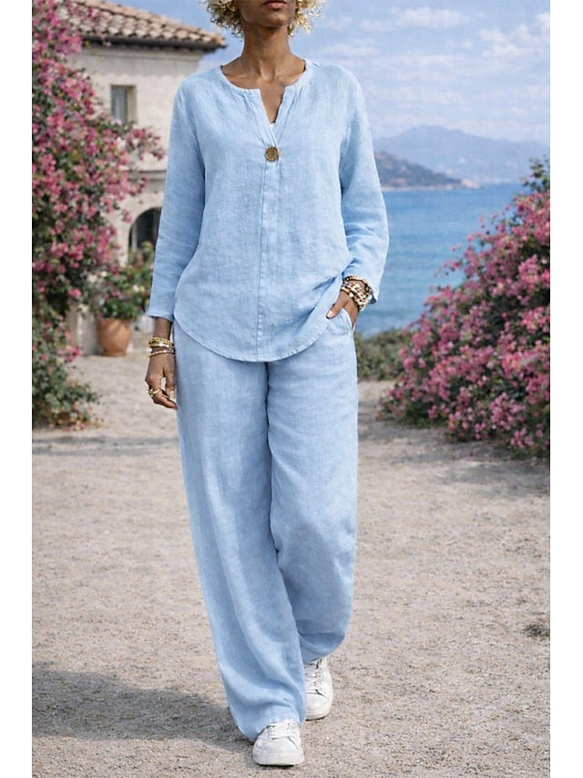 Women's Shirt Two Piece Sets Faux Cotton Linen Linen Pants