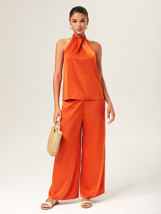 Orange Stand Collar Wide Leg Pants Set