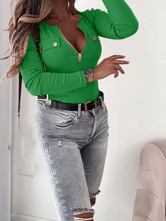 Women's Blouse Zipper Buttons Solid Color Stylish Casual