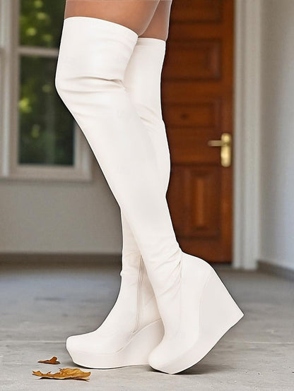 Knee the Wedge Over Women's Black - Heel Faux Boots Leather