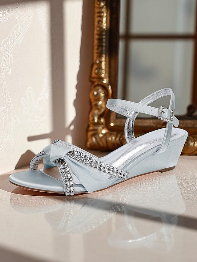 Satin Wedge Women's Sandals Knot Rhinestone Green