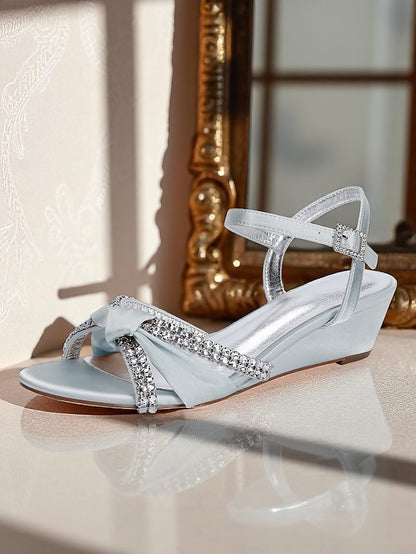 Satin Wedge Women's Sandals Knot Rhinestone Green