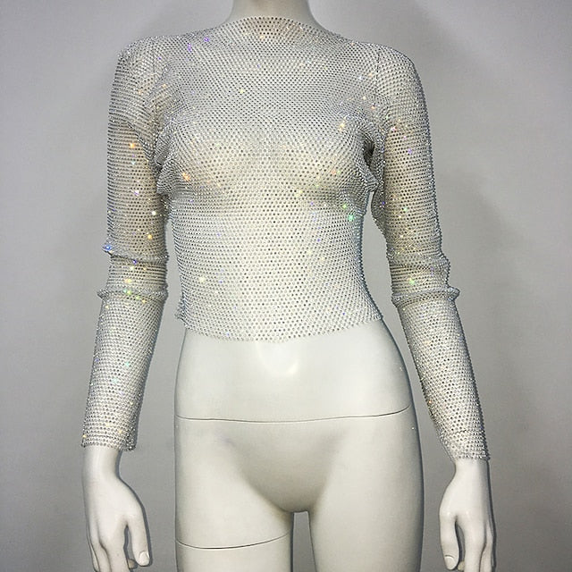 Metallic Sparkle Sexy Shirt Sheer Mesh Rhinestone Cover Up Disco