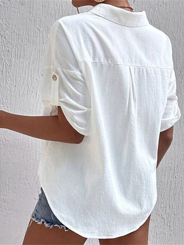 Women's Cotton Linen Shirts Blouse Pocket Buttons Plain