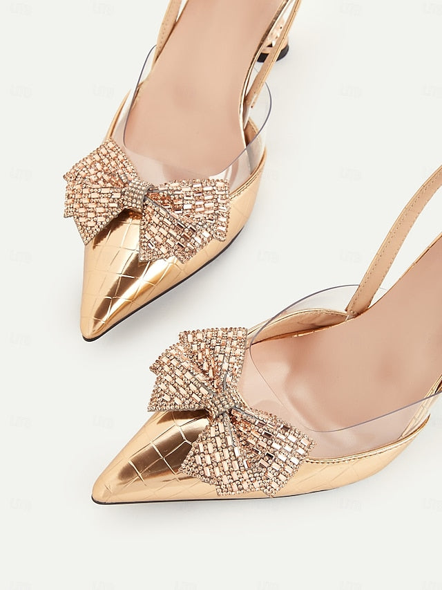 Detail Gold Bow Slingback Quilted with - Heels Women's