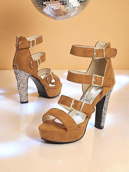 with Heel Platform Sandals Suede Women's High Brown Glitter