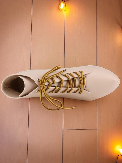 Boots Beige Platform Women's - Lace-Up Ankle Leather Faux