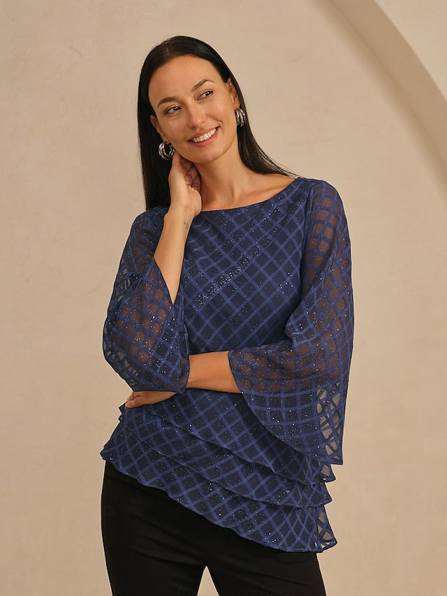 Women's Blouse Round Neck Textured Chiffon Burnout Fabric