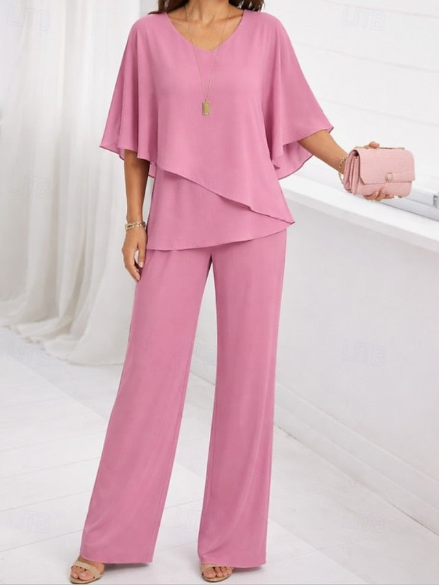 Women's Blouse Wide Leg Pants 3/4 Length Sleeve V Neck