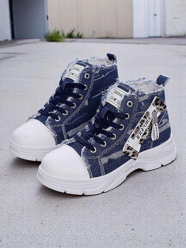 Women's Denim High Top Platform Sneakers with Leopard