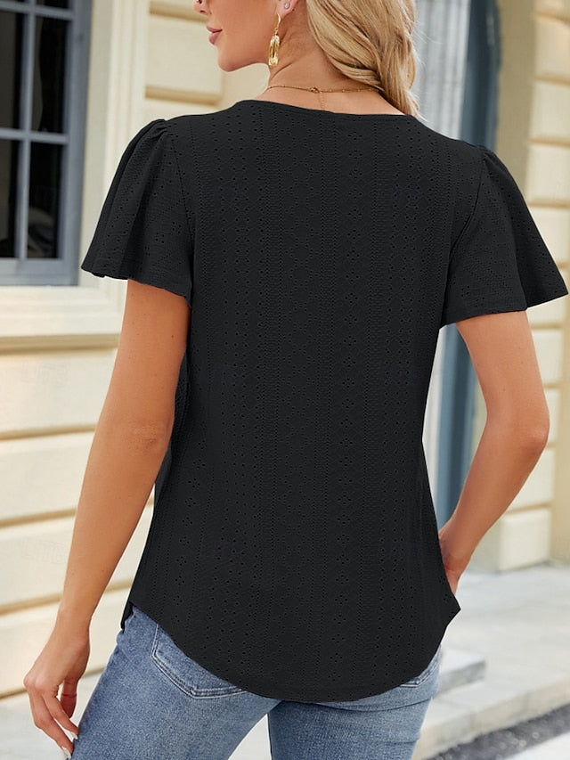 Women's Blouse Eyelet Solid Color Stylish Casual Short