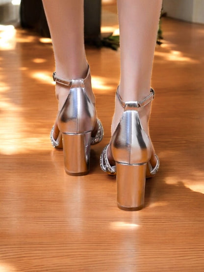 Rhinestone Silver Metallic Block Heel Sandals with Strappy