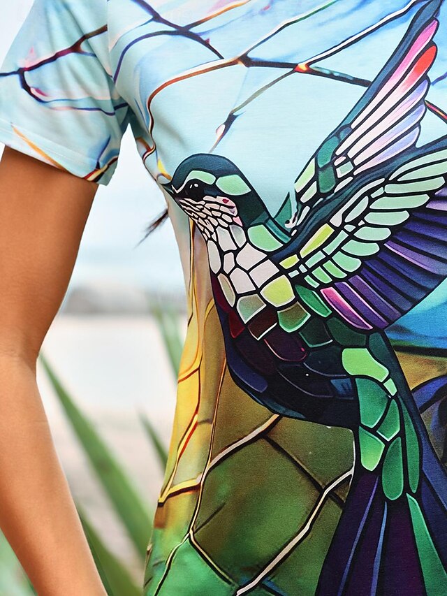 Women's T shirt Round Neck Stained Glass Hummingbird Print