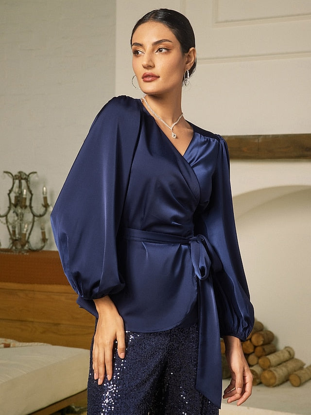 Satin Solid Casual Juliet Sleeve Tie Front Blouse