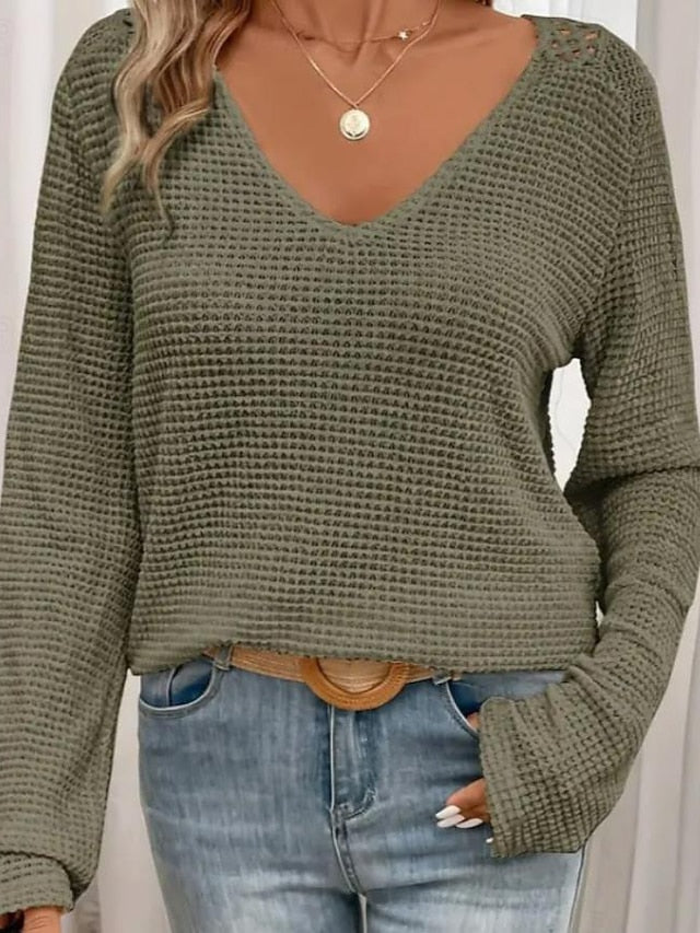Women's Boho Shirt Blouse Eyelet Solid Color Plain Stylish
