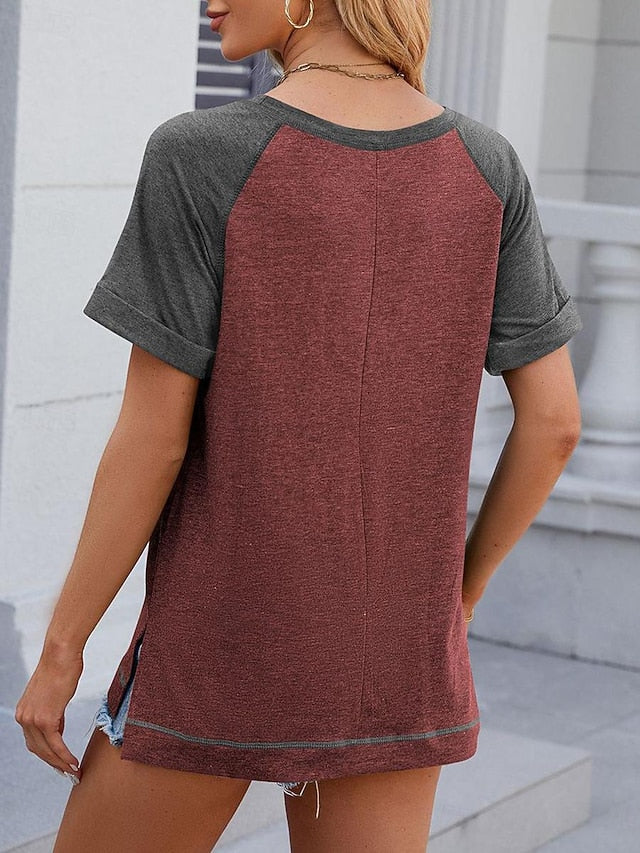 Women's T Shirt Print Color Block Casual Short Sleeve Crew