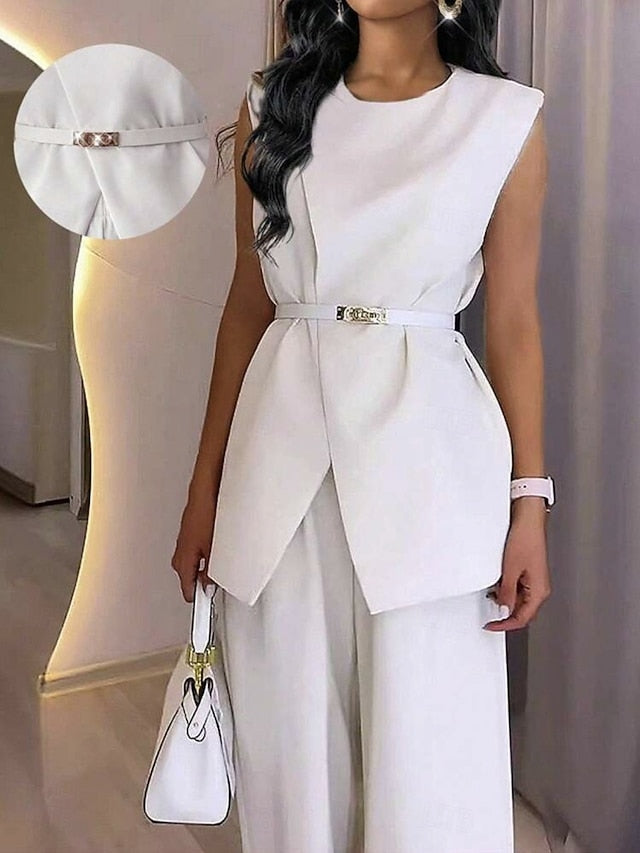Women's Pants Sets Bolero Sleeveless Round Neck Solid Color