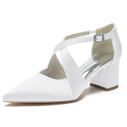 Satin Elegant Toe – White Women's Heels Block Pointed