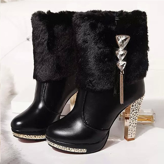 Ankle White Faux Boots - Rhinestone Fur Heels with Women's
