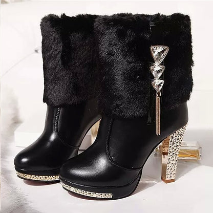 Ankle White Faux Boots - Rhinestone Fur Heels with Women's