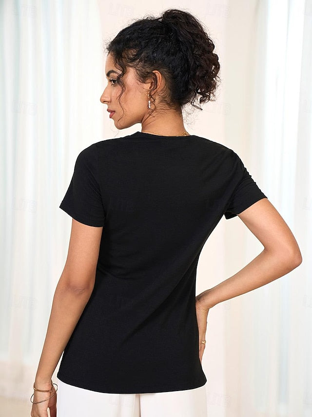 Women's Scalloped Neckline T-shirt Short Sleeve Solid Color