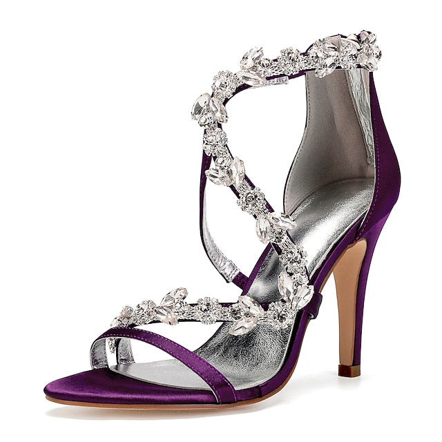 High Heel Women's Sandals with Satin Pink Floral Rhinestone