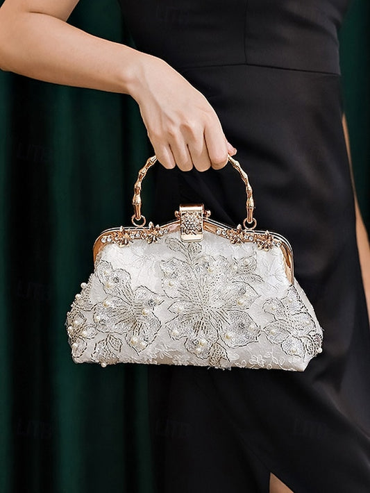White Pearl Elegant Floral Lace with Handbag and Evening