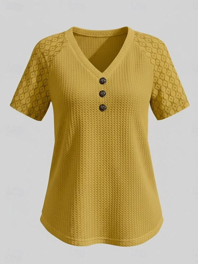 Women's T Shirt Waffle Knit Tops Tee Top Buttons Solid