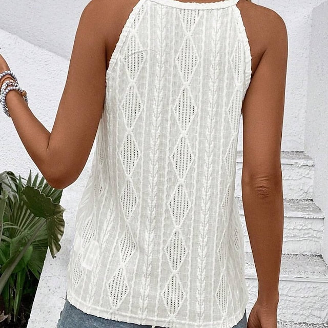 Women's Eyelet Top Lace Tops Elegant Sleeveless Crew Neck