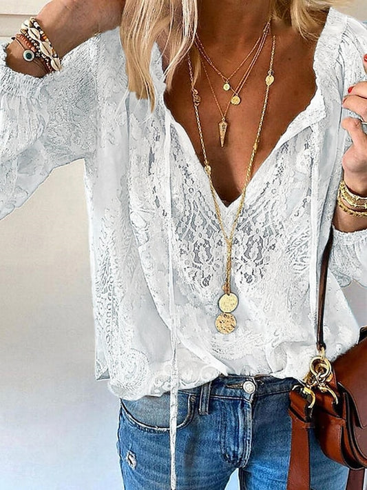 Women's Boho Lace Patchwork V-Neck Blouse Long Sleeve