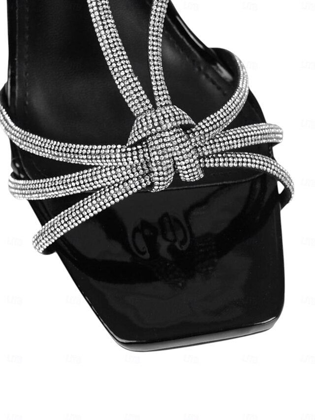 Heels Women's Square Toe Rhinestone Stiletto Strappy with