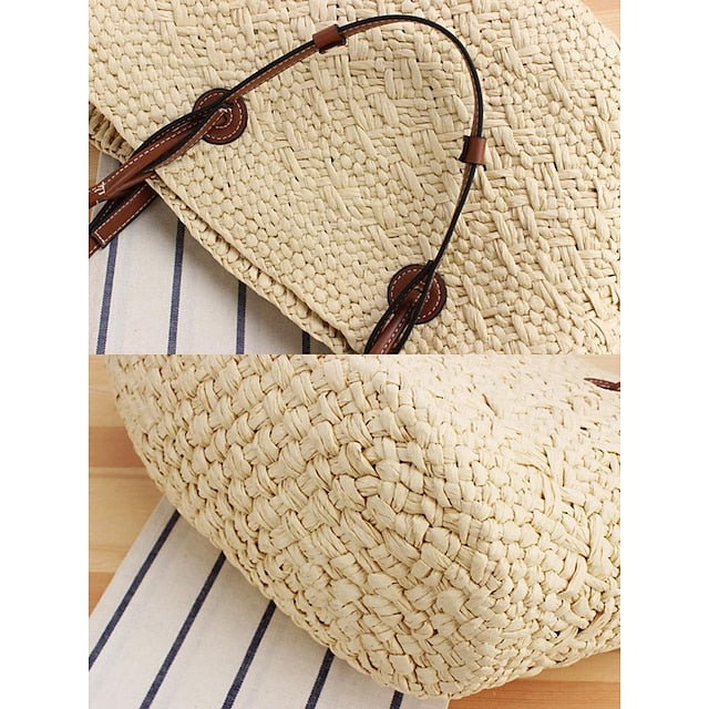 Chic Large Bag Straw Tote with Straps Women's Leather Boho
