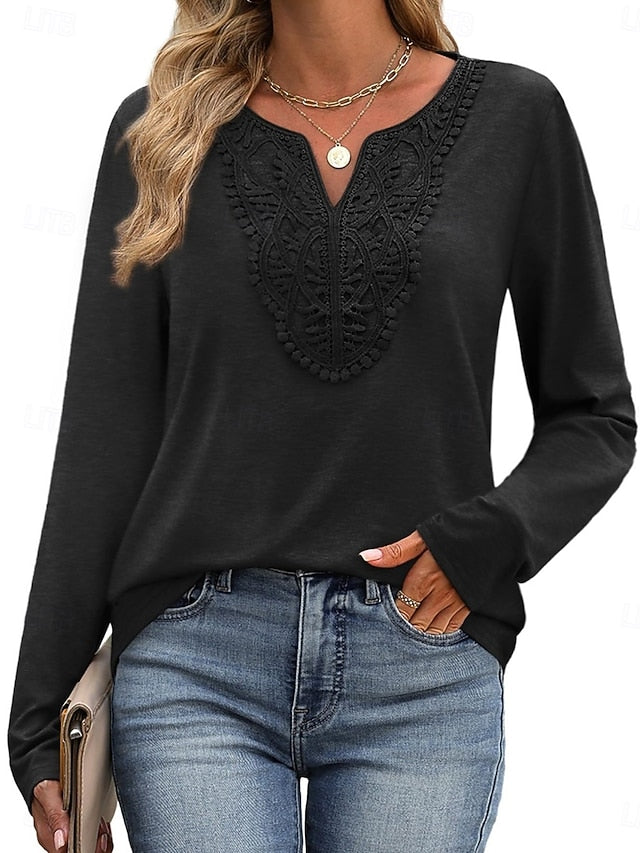 Women's Blouse Patchwork Embroidered Solid Color Stylish