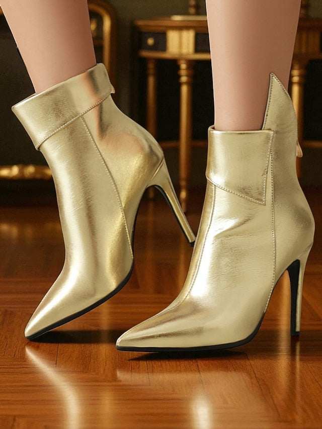 Boots Stiletto - Metallic Pointed Ankle Gold Toe Women's