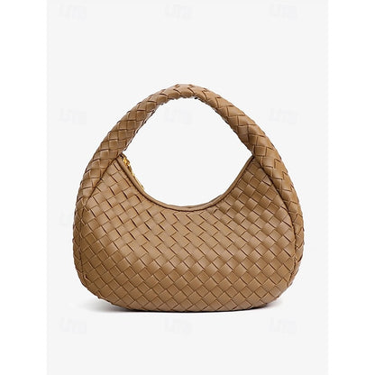 – Leather Round Woven Chic Women's Elegant Ivory Hobo Bag