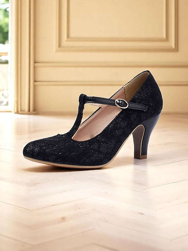 Women's Heel Lace T-Strap Ivory Mid Pumps-1920s Vintage