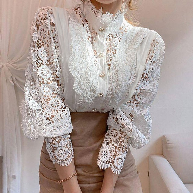 Women's Lace Shirt Blouse Eyelet top White Lace Shirt
